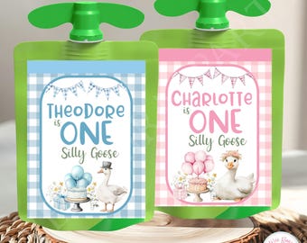 One Silly Goose verjaardag appelmoes aangepaste feestartikelen, baby 1e verjaardag jongen meisje decoraties, gepersonaliseerde feestartikelen - afdrukbare pdf