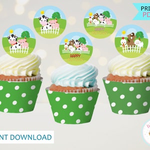 Farm Theme Birthday Cupcake Toppers Barnyard Birthday Party Cupcake Wrappers Farm Animal Birthday Cupcake Decorations - INSTANT DOWNLOAD