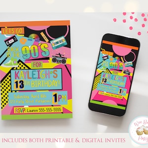 90s Birthday Invitation, Back To The 90s Theme Party Invitation, Teen Girl 13th Retro 90s Birthday Party Decor Printable Invite- PDF
