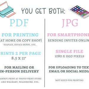 以下が含まれることがあります： PDFファイルとJPGファイルの違いを示すグラフィック。PDFファイルは、自宅またはコピーショップでの印刷に最適で、JPGファイルはオンラインでの共有に最適です。PDFファイルは、8.5 x 11インチのサイズで1ページに2つ印刷されます。JPGファイルは、1080 x 1920ピクセルのサイズの単一ファイルです。
