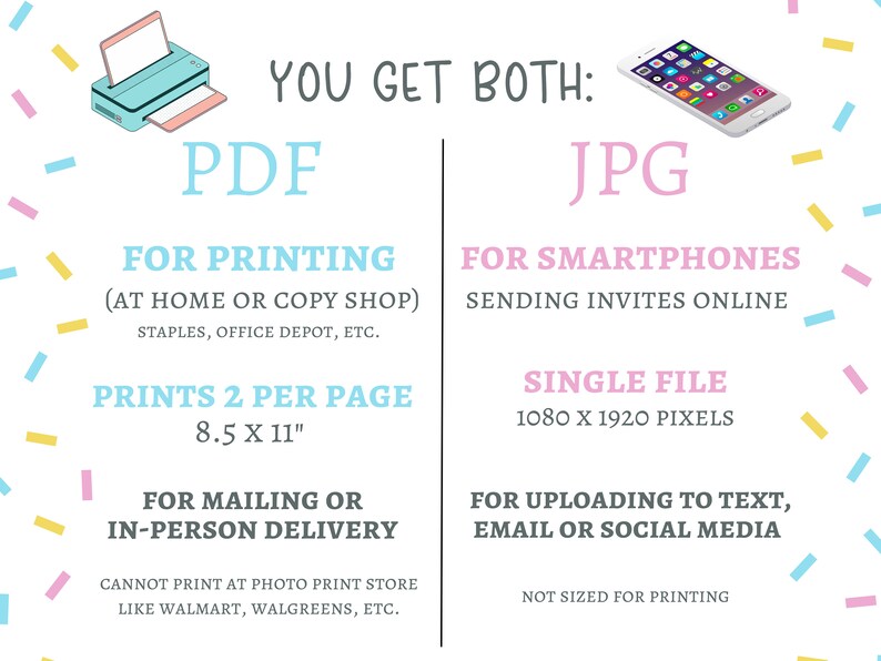 以下が含まれることがあります： PDFファイルとJPGファイルの違いを示すグラフィック。PDFファイルは、自宅またはコピーショップでの印刷に最適で、JPGファイルはオンラインでの共有に最適です。PDFファイルは、8.5 x 11インチのサイズで1ページに2つ印刷されます。JPGファイルは、1080 x 1920ピクセルのサイズの単一ファイルです。