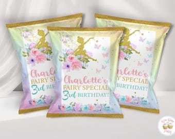 May include: Three snack bags with a pastel gradient background, featuring a gold glitter fairy silhouette, pink and blue floral arrangements, and butterflies. The text reads Charlotte's FAIRY SPECIAL 3rd BIRTHDAY! with gold glitter trim.