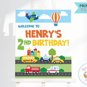 Transportation Birthday Welcome Sign, Truck Cars Theme Birthday Party Sign, Printable Personalized Boy 1st 2nd Birthday Decorations- PDF