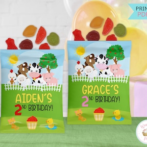 Farm Birthday Party Fruit Snacks Favor Bags, Boy Girl Farm Birthday Gummy Candy Custom Labels, Barnyard Farm Animal  Birthday Printable- PDF