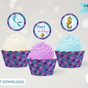 Mermaid Tail Birthday Cupcake Wrappers & Cupcake Toppers, Mermaid Party Cupcake Decorations, Printable Under The Sea 1st Birthday Favors