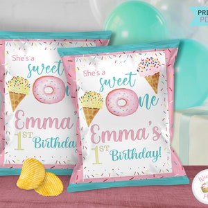 Shes A Sweet One Custom Chip Bags Labels, 1st Birthday Girl Chip Bag Packages,  Printable Ice Cream Donut Party Favors - .PDF File