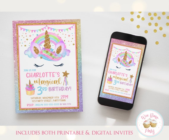 Unicorn Birthday Invitation,  Pastel Rainbow Unicorn Invitations, Girl 5th 4th 3rd Birthday Invite - Unicorn Decorations Party Printable