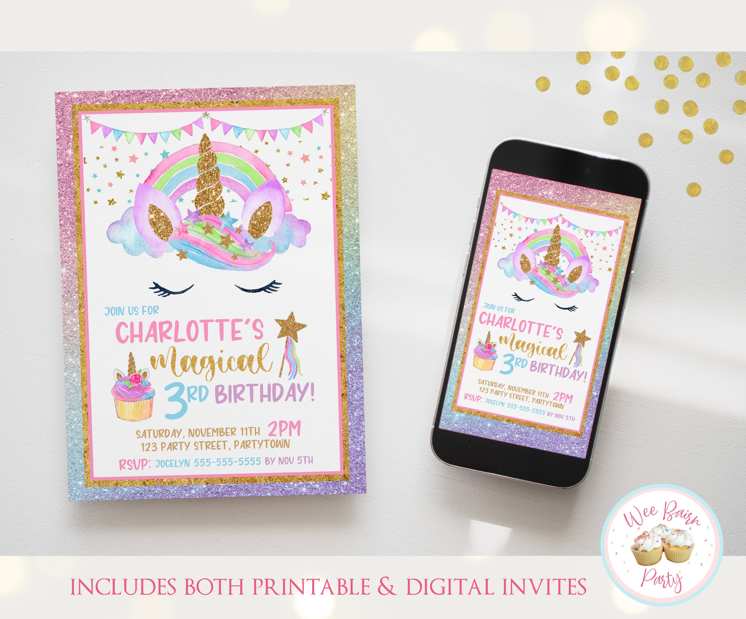 Unicorn Birthday Invitation,  Pastel Rainbow Unicorn Invitations, Girl 5th 4th 3rd Birthday Invite - Unicorn Decorations Party Printable