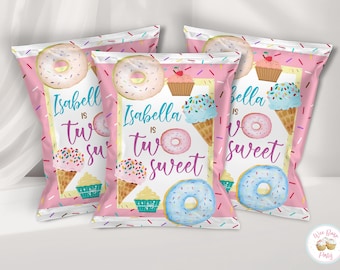 Two Sweet Birthday Chip Bag Labels, 2 Year Old Birthday Printable Custom Chip Bags, Toddler Girl Ice Cream Donut Chip Bag Party Favors - PDF