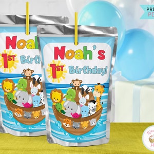 Noahs Ark Drink Pouches Juice Labels, Religious Bible Custom Drink Stickers Party Favors, Printable Birthday Party Personalized Decorations