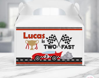 Twee snelle verjaardagslabels doos, verjaardagsfeestje raceauto aangepaste feestbedankjes, afdrukbare 2e verjaardag raceauto feestdecoraties - pdf