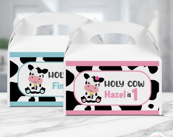 Holy Cow Im One Gable Box Label, Holy Cow Party Favors Birthday Gift Box, 1st Birthday Boy Girl Farm Theme Party Decorations Printable - PDF