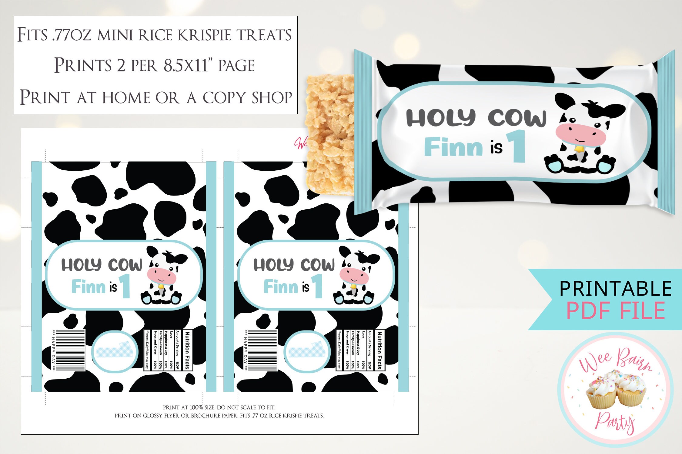 Holy Cow Im One Rice Krispy Treats Labels, One Year Old Cow Birthday ...