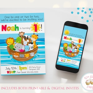 Noahs Ark Birthday Invitation, Boy 2nd Birthday Religious Icon Invite, Printable Books of the Bible Child of God Party Decorations