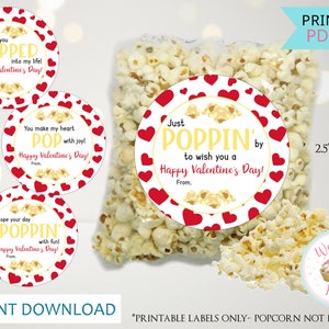 Popcorn Valentine Favors Tag Printable, Poppin Valentine Treat Tag Popcorn Gift Labels, Kids DIY Classroom Valentines Favors- INST DOWNLOAD