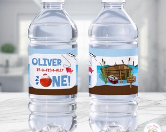 Ofishally One Birthday Water Bottle Labels, O Fishally One Party Favors 1st Birthday Boy, Printable Fishing First Birthday Decorations - PDF