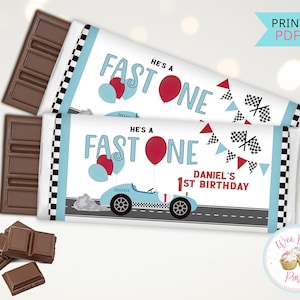 Fast One Birthday Candy Bar Wrappers, Race Car Birthday Custom Chocolate Bar Candy Wrappers, 1st Birthday Boy Race Car Party Decorations PDF