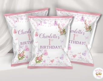 Butterfly Chip Bags, Butterflies 1st Birthday Girl Custom Chip Bag Packages, Printable Spring Floral Garden Party Favors - .PDF File
