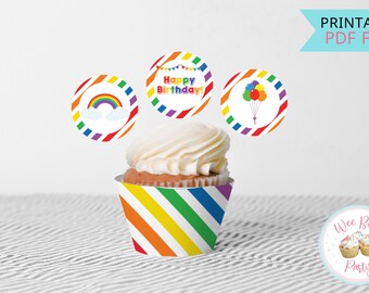 Rainbow Cupcake Toppers & Cupcake Wrappers , Printable Rainbow Decorations for Birthday, Magical Rainbow Cup Cake Toppers - INSTANT DOWNLOAD