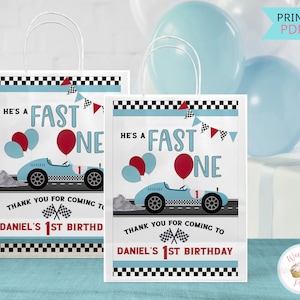 Fast One Birthday Thank You Tags, Race Car Birthday Custom Gift Tags Printable, 1st Birthday Boy Car Decorations Party Favor Tags - PDF