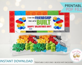 May include: Printable Valentine's Day card with a Lego theme. The card says "I love the friendship that we've built. Happy Valentine's Day!"