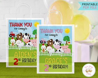 Farm Animal Birthday Party Favor Bags Thank You Stickers, Farm Themed Birthday Goodies Bags Printable Labels, Custom Decorations - PDF