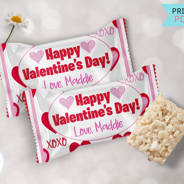 Classroom Valentines Rice Krispy Treats Labels, Valentines Day Custom Rice Crispy Labels, Printable Do It Yourself Valentines Party Favors