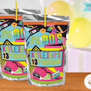 90s Birthday Party Juice Pouch Labels, Back To The 90s Theme Party Drink Labels, Printable 90&#39;s Party Favors & Decorations - PDF