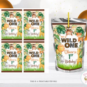 Wild One Birthday Juice Pouch Label, Wild One Party Decor Getränkebeutel, Safari Wild One Birthday Partydekorationen & Gastgeschenke- PDF