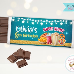 Movie Themed Party Candy Bar Wrappers, Movie Ticket Hollywood Party Chocolate Bar, Backyard Movie Night 10th Birthday Custom Candy Bar Label