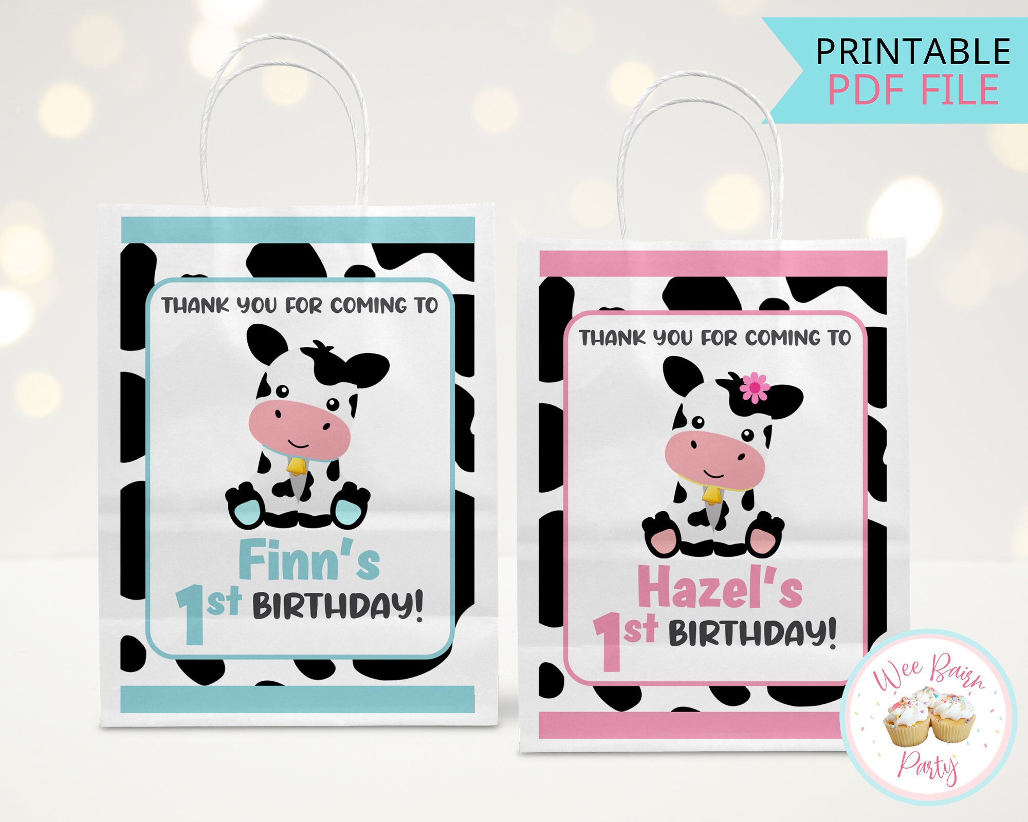 Holy Cow Im One Party Favor Bags Thank You Stickers, One Year Old Cow Birthday Party Goodie Treat Bag Stickers, Cow 1st Birthday Decor - PDF