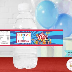 Circus Carnival Theme Party Water Bottle Labels, Mini Zoo Animal Birthday Custom Bottle Labels, Printable Birthday Decorations, .PDF File