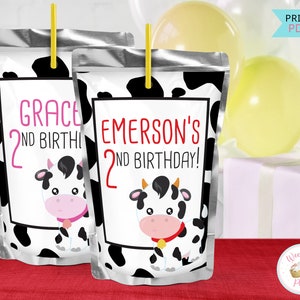 Cow Print Birthday Party Drink Pouches, Farm Animal Barnyard Birthday Printable Juice Labels, Boys 2nd Birthday Cow Decorations - .PDF