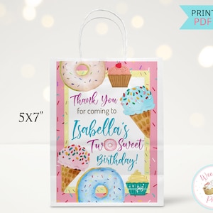 Two Sweet Birthday Custom Gift Tags, 2 Year Old Birthday Party Favor Bags Thank You Stickers, Printable Girl Donut Ice Cream Decorations-PDF