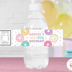 Donut Party Water Bottle Labels, Sweet One Two Sweet Donut Party Favors Birthday Printable, Doughnut Party Water Bottle Stickers Decorations