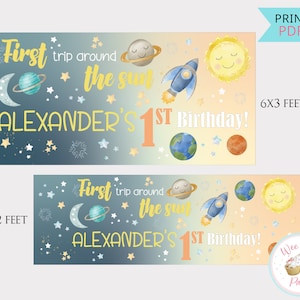 First Trip Around The Sun Party Backdrop, One Year Space 1st Birthday Banner Printable, Personalized Space Theme Birthday Decorations - PDF