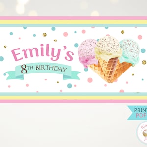 Ice Cream Birthday Banner, Ice Cream Birthday Party Backdrop, 5 Year Personalized Printable Themed Ice Cream Party Decorations - PDF