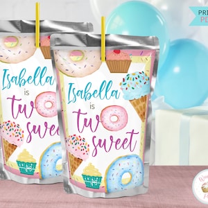 Étiquette de pochette de jus de deux anniversaires sucrés, décoration de crème glacée beignet d'anniversaire de 2 ans, pochettes de boissons imprimables d'anniversaire de petite fille, cadeaux d'anniversaire