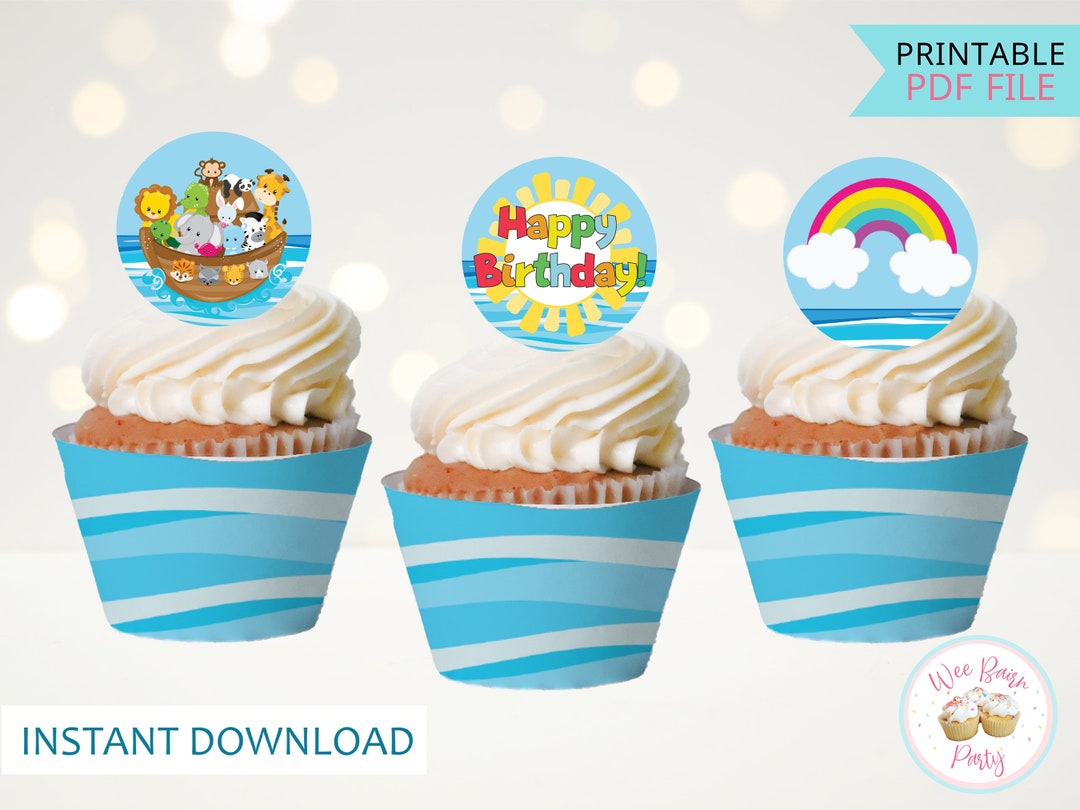 Noah's Ark Cupcake Toppers, Printable Noahs Ark Birthday Cup Cake ...