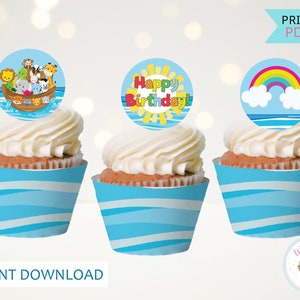 Noah&#39;s Ark Cupcake Toppers, Printable Noahs Ark Birthday Cup Cake Toppers, Religious Birthday Party Decorations - INSTANT DOWNLOAD