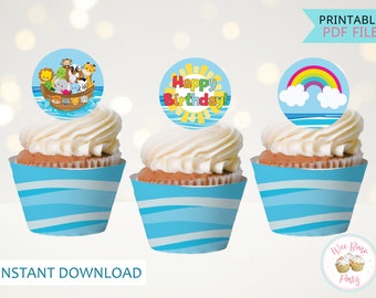 Noah's Ark Cupcake Toppers, Printable Noahs Ark Birthday Cup Cake Toppers, Religious Birthday Party Decorations - INSTANT DOWNLOAD