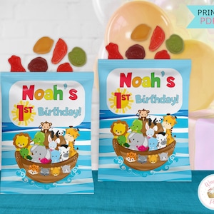 Noahs Ark Birthday Fruit Snacks Favor Bags Safari Animals 1st Birthday Bible Printables Kids Party Favors Gummy Candy Decorations- PDF