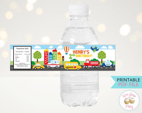 Transportation Birthday Water Bottle Labels, 2 Year Old Truck Car