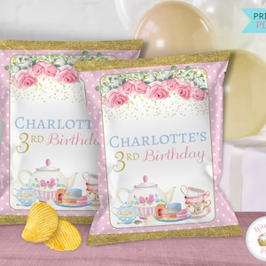 Tea Party Favors Custom Chip Bags, Elegant Tea Party Decor For Girls Printable Chip Bags, Garden Tea Party Birthday Chip Bag Custom Labels
