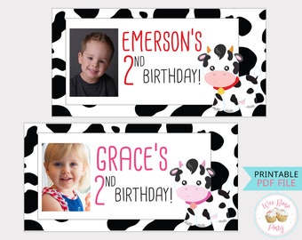 Cow Print Birthday Banner Custom Name Sign, Printable Farm Animal Birthday Party Backdrop, Personalized 2 Year Old Birthday Sign - .PDF