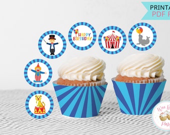 Topper e involucri per cupcake compleanno circo, decorazioni per cupcake per feste a tema circo, bomboniere per primo compleanno circo stampabili - PDF