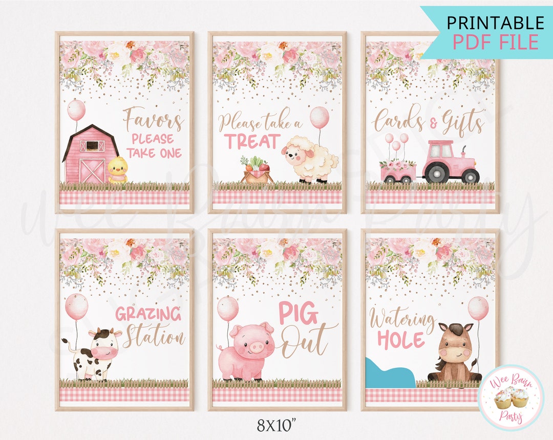 Pink Barnyard Birthday Sign Set of 6, Pink Farm Party Table Signs ...