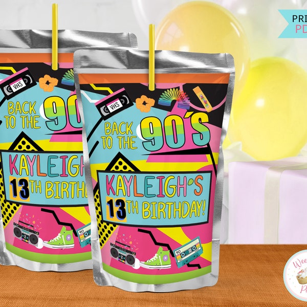 90s Party Decorations Juice Labels 90s Party Favors Printable Drink Labels 90s Birthday Party Decor Juice Pouch Labels 90s Theme Party PDF