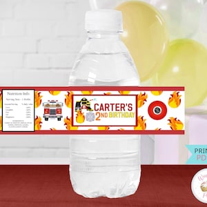 Firefighter Birthday Water Bottle Labels, Firetruck Birthday Water Bottle Sticker, Fireman Fire Engine Boy 2nd Birthday Party Favors- PDF