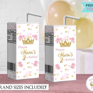 Pink Princess Birthday Juice Box Sticker Princess Party Juice Labels 1st Birthday Girl Princess Party Decorations Drink Labels Printable